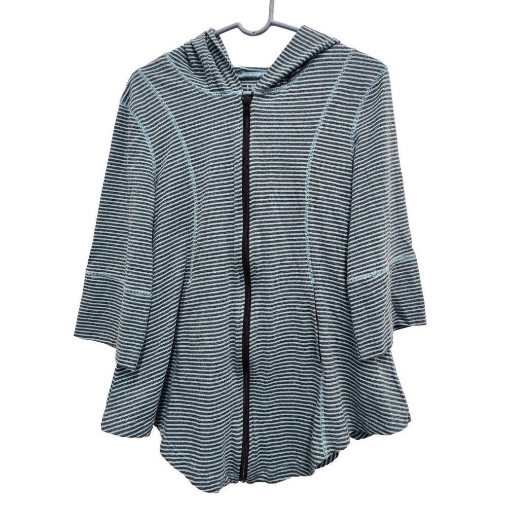 Lur Lagenlook Hoodie Womens Small Teal Navy Striped Full Zip‎ 3/4 Sleeve Casual